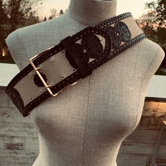 Wide Statement Brown Braided Leather Canvas Boho Chic 70s Hippie Corset Belt - Picture 2 of 13